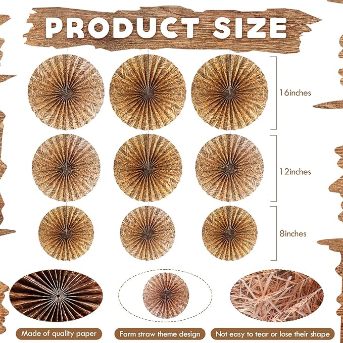 Outus 9 Pcs Western Cowboy Party Decorations Paper Fans Wagon Wheels Straw Hay Bales Hanging Ceiling Wall Decor for Country Western Themed Rodeo Farm Birthday Party Supplies (Straw)