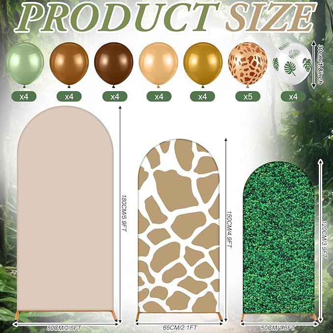 Foilswirl 34 Pieces Jungle Safari Party Decorations 4ft 5ft 6ft Safari Arch Backdrop Cover Jungle Arch Cover Green Leaves Backdrop Green Brown Khaki Balloons for Wildlife Birthday Party Decor