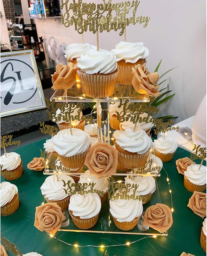 YestBuy 3 Tier Clear Square Cupcake Stand - Premium Cupcake Holder - Acrylic Cupcake Tower Display - Candy Bar Party Décor + LED Light String - Ideal for Weddings, Birthday Parties (Yellow Light)