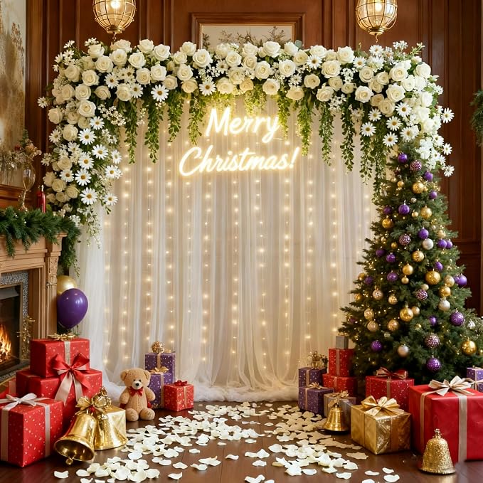 10x10ft Ivory Tulle Backdrop Curtain with Lights String for Parites, Sheer Photo Backdrop Curtains with Lights for Christmas Wedding Ceremony Reception Bridal Shower Baby Shower Birthday Party