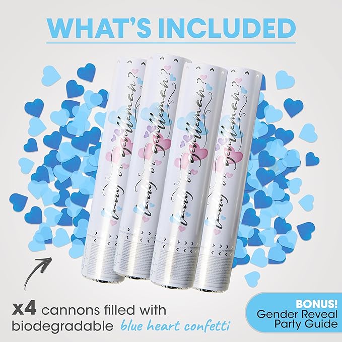 PrimePure Gender Reveal Confetti Cannon - Biodegradable Heart Shaped Confetti Poppers - Blue, 4 Pack - Baby Boy Gender Reveal Party Poppers - Blue Paper Baby Party Supplies Pop Gun