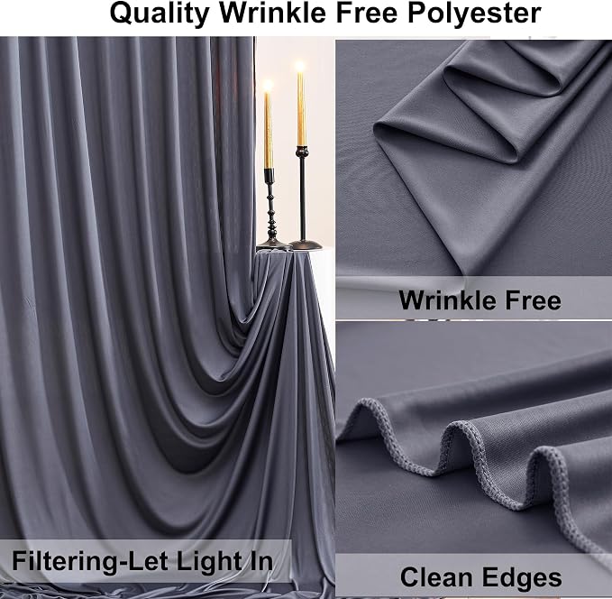 50ft×10ft Wrinkle Free Grey Backdrop Curtains for Parties, 10 Panels 5×10ft Soft Silky Polyetsr Charcoal Photo Backdrop Drapes for Birthday Party Baby Shower Wedding Photography