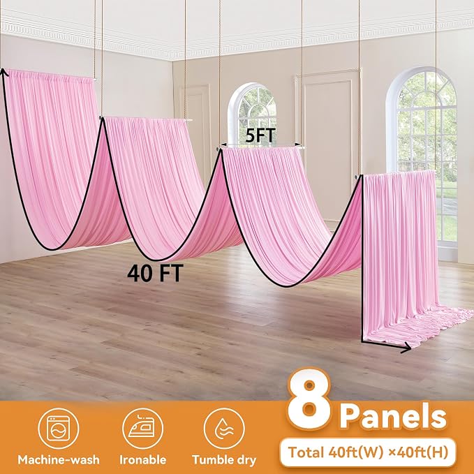 8 Panels 5x40ft Pink Ceiling Drapes for Wedding Parties, Wrinkle Free Thick Polyester 40ft Extra Long Wedding Draping Pink Ceiling Curtains Arch Drapery for Birthday Party Canopy Tent Decor