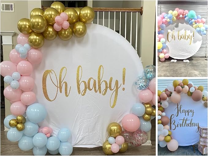 Round Backdrop Cover Oh Baby 7.2ft,White Round Backdrop Cover Gold Oh Baby Sign for Photography Baby Shower,Birthday Party Decorations Gender Reveal Pregnancy Party Photo Studio Props