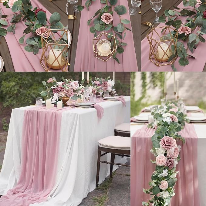 Fivenl 12 Pack Chiffon Table Runner - 12 x 120 Inches Sheer, Romantic, Wedding & Party Decoration (Dusty Rose)