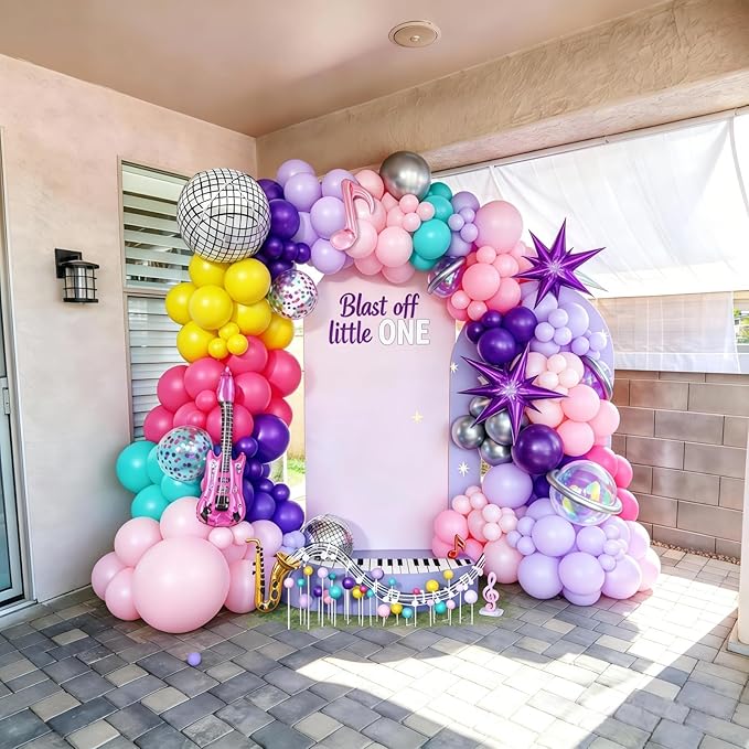 K-Pop Music Balloons Arch Kit, 119Pcs Pastel Hot Pink Royal Purple Teal Yellow Balloons Garland with Disco Guitar Notes Exploding Star Foil Balloon for Fans Singer Karaoke Birthday Party Decorations