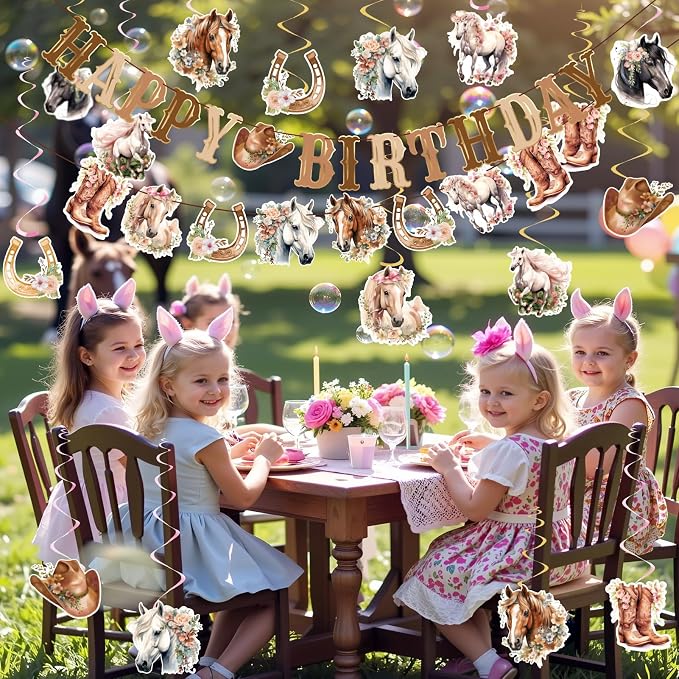Horse Birthday Decorations for Girls, Brown and Pink Horse Cowgirl Party Decorations with Cowgirl Hanging Swirls, Happy Birthday Banners, Western Party for Women