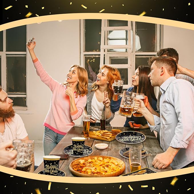 Zhehao 350 Pcs Happy New Year Party Supplies Tableware 2026 New Years Eve Dinnerware Set for 50 Guests Disposable Black Gold Paper Plates, Napkin, Cup, Knife, Fork and Spoon for Celebration(Clock)