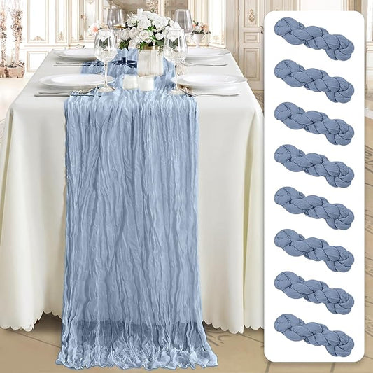 Cheesecloth Table Runner 8 Pack – 35x120 Inch (10ft) Boho Rustic Gauze Cloth Runners – Crinkle Polyester Table Decor for Wedding, Baby Shower, Bridal Shower, Birthday Party and More (Dusty Blue)