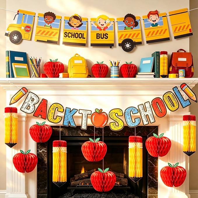 Back to School Decoration School Bus Party Banner Apple Pencil Hanging Honeycomb Welcome Back to School Classroom Kindergarten Teacher Appreciation First Day of School Bulletin Board Supplies
