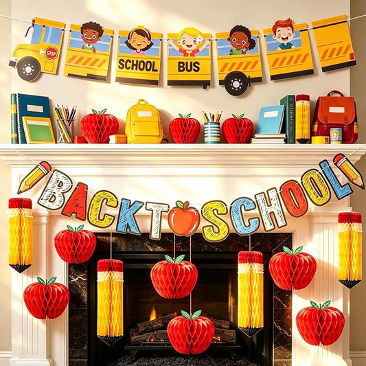 Back to School Decoration School Bus Party Banner Apple Pencil Hanging Honeycomb Welcome Back to School Classroom Kindergarten Teacher Appreciation First Day of School Bulletin Board Supplies