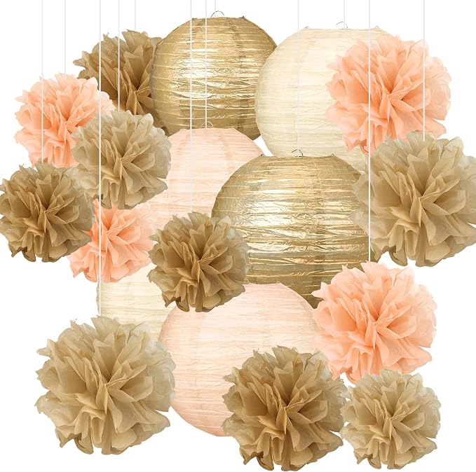 18pcs Champagne-Gold Paper Lanterns Decoration Gold White Hanging Décor Pom Poms Paper Flower Party Supply for Baby Shower Wedding Valentine Birthday Party