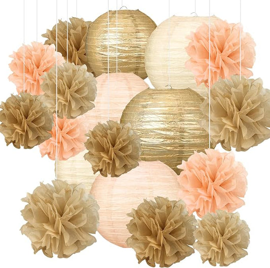 18pcs Champagne-Gold Paper Lanterns Decoration Gold White Hanging Décor Pom Poms Paper Flower Party Supply for Baby Shower Wedding Valentine Birthday Party