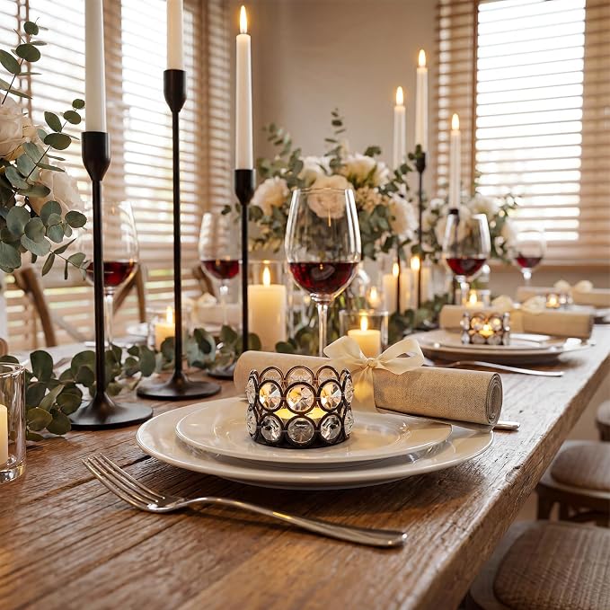 2.4x2.4x1.6 Inch Crystal Tea Light Candle Holders for Wedding Home Table Centerpiece Decoration (48, Black)