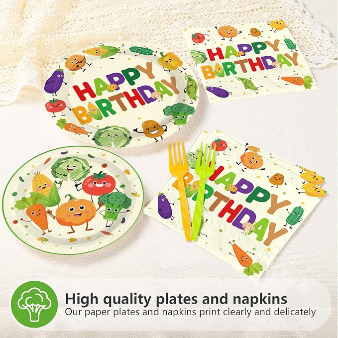 96Pcs Vegetable Birthday Party Supplies Cute Vegetable Plates and Napkins Garden Theme Tableware Sets for Farmer Market Birthday Baby Shower Party Decorations,Serves 24