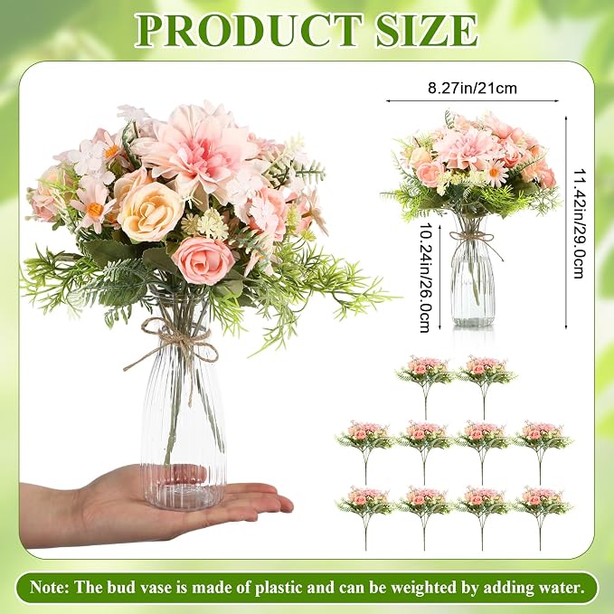 Reallnaive 30 Pack Artificial Flowers Table Centerpieces Decorations with Plastic Vase Wedding Mason Jar 20 Bundles Silk Floral Bouquet 10 Clear Vase with Rope for Party Decor(Dahlia,Pink)