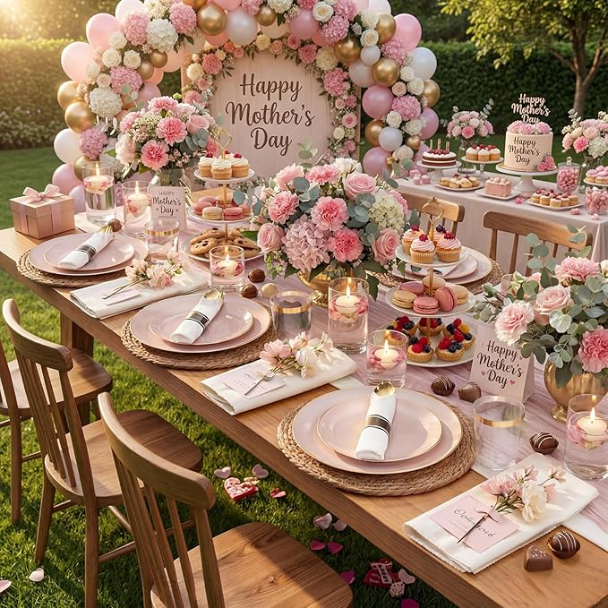 KIRE 175PCS Pink Plates Disposable - Heavy Duty Pink and Gold Plastic Plates Dinnerware Sets - 25 for Dinner 25 for Dessert 25 Pre Rolled Napkins 25Cups for Spring/Wedding/Mother's Day/Baby Shower