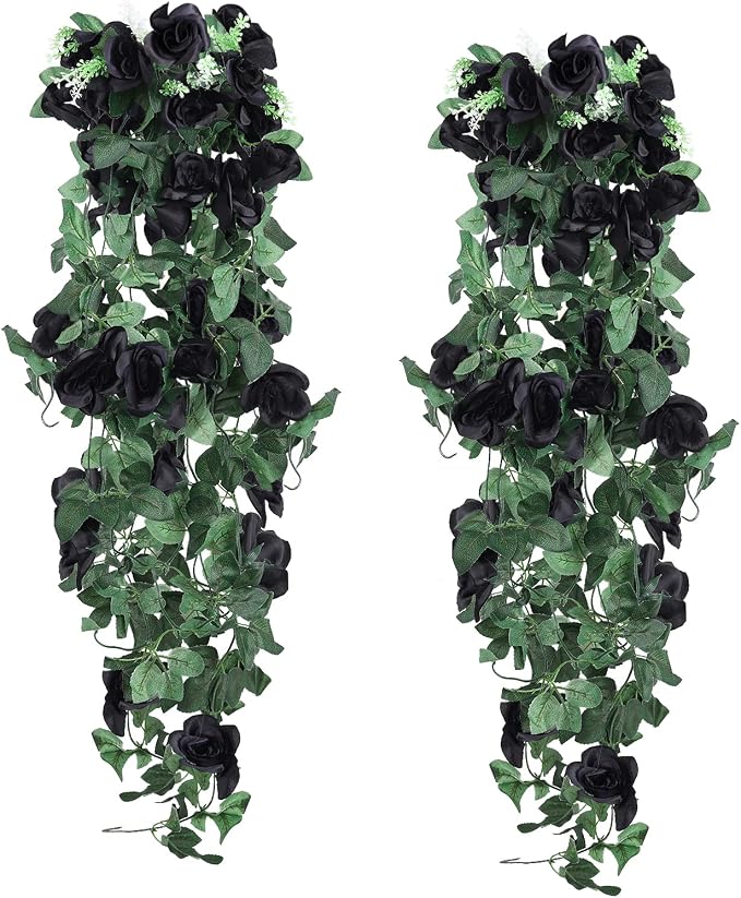 RECUTMS Artificial Black Rose Hanging Flowers Plants, 2PCS 37 Inches Fake Floral Halloween Garlands for Home Front Porch Garden Wedding Backdrop Wall Hanging Victorian Indoor Outdoor Party Decor