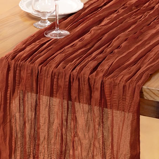 DeZerlor Terracotta Cheesecloth Table Runner Burnt Orange Spring Easter Table Runner 120 Inches Rust Cheese Cloth Table Decor for Wedding Bridal Baby Shower Parties