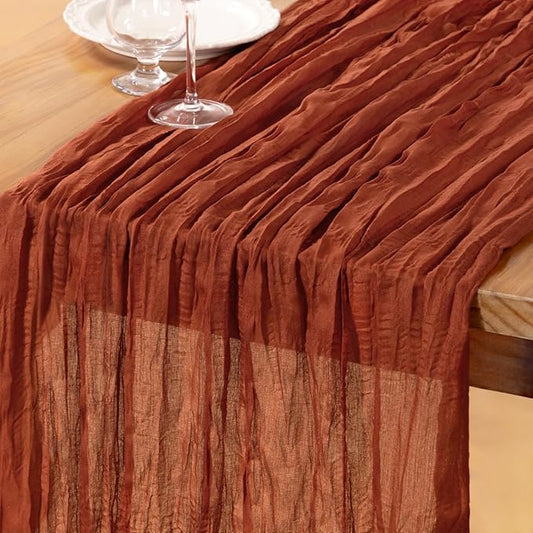 DeZerlor Terracotta Cheesecloth Table Runner Burnt Orange Spring Easter Table Runner 120 Inches Rust Cheese Cloth Table Decor for Wedding Bridal Baby Shower Parties