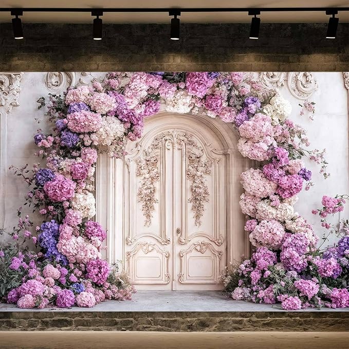 15X10ft Flower Backdrop Purple Floral Arch Retro Door Photography Backdrops Modern Interior European Style Wall Decoration Wedding Portrait Background Studio Photo Booth Props