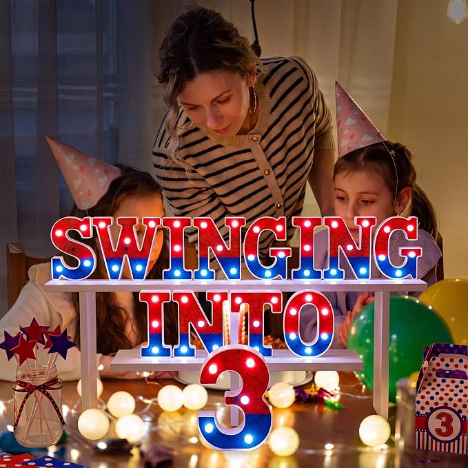 Honoson 13 Pcs Spider Theme 3rd Birthday Decorations Swinging into 3 LED Letter Lights Sign Red Blue Spider Theme Table Lights Decoration for 3 Years Birthday Party Supplies
