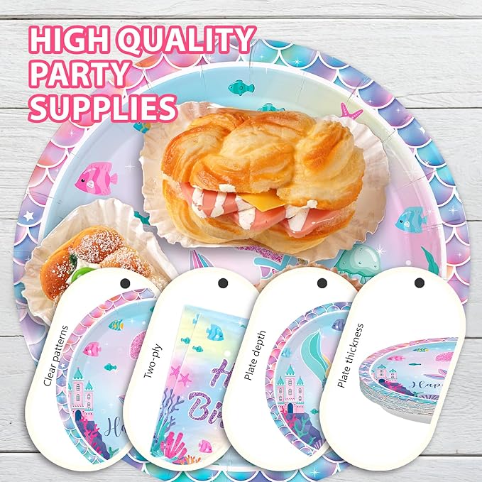 96Pcs Mermaid 3rd Birthday Party Decorations Mermaid 3rd Plates and Napkins Sets Under the Sea Theme 3 Years Old Decorations for Girls Boys Ocean Birthday Party Supplies Serves 24