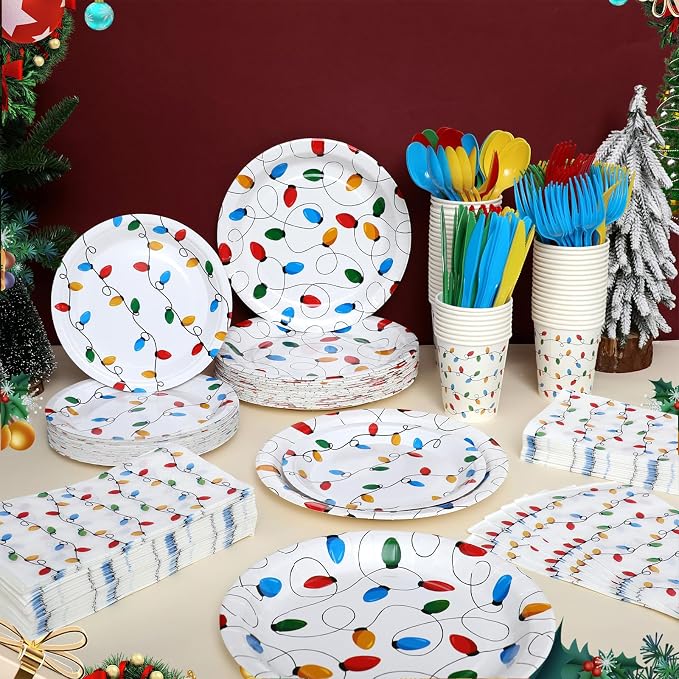 Funnymoom 400 Pcs Christmas Party Supplies, Christmas Lights Paper Plates and Napkins Cups Set with Spoons Forks Knives, Xmas Light Tableware Set for Holiday Xmas Party Decorations