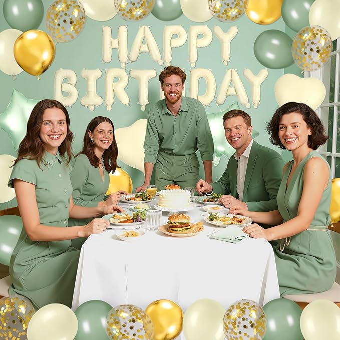 Sage Green Happy Birthday Balloons Decorations Beige Green Birthday Balloon Letters Banner with 4 Pcs Star Balloons Artificial Rose Petal 24 Flameless LED Candles for Room Hotel Party Decor Supplies