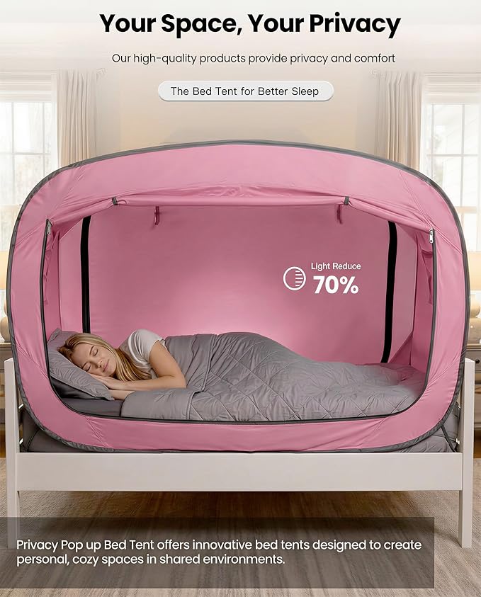ANC POP Bed Tent Twin Bed Canopy Portable Dream Tent for Adult Indoor Sleeping Tents with 2 Doors Breathable Private Space Tents, Pink