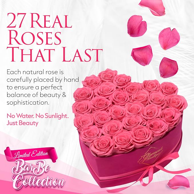 GLAMOUR BOUTIQUE 27 Flower Forever Heart Shape Box, Mothers Day Gift For Mom, Eternal Preserved Roses Gift for Her, Flowers bouquet, For Birthday, Anniversary, Girlfriend - Velvet Pink (Color-Treated)