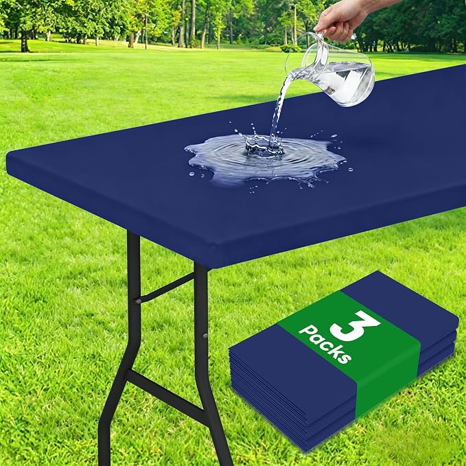 Smiry 3 Pack Rectangle Table Cloth, Elastic Fitted Flannel Backed Vinyl Tablecloths for 6ft Folding Tables, Waterproof Wipeable Table Covers for Indoor, Outdoor, Camping and Picnic (Navy, 30"x72")