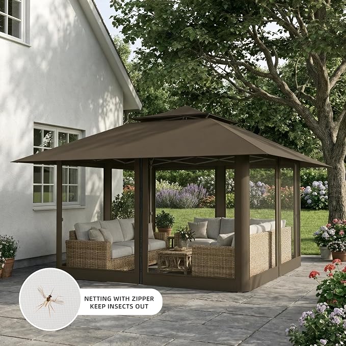 Pop Up Canopy Tent 13x13 FT with 4 Sidewall, Outdoor Easy Setup Gazebo with Wheeled Carry Bag, Heavy Duty Shelter with UV-Resistant Top, Portable Instant Shade for Garden Camping, Brown