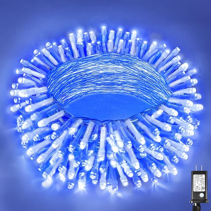 Vivideal 200 LED Christmas Lights Outdoor, 66ft Christmas String Lights 8 Modes Plug in Waterproof Fairy Lights with Timer Memory for Indoor Outside Bedroom Home Party Decoration, Blue&White