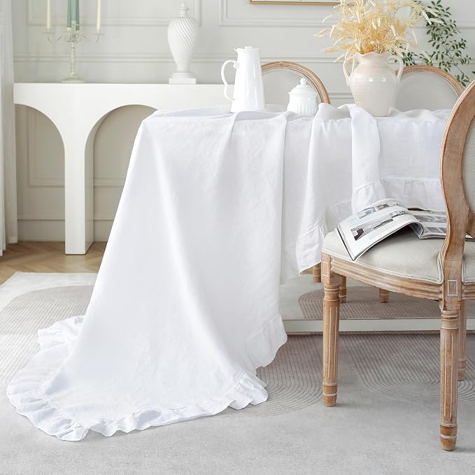 Linen World Ruffle Linen Tablecloth,100% French Linen White Tablecloth 120" x 60" Inch,Washable Rectangular Tablecloth for Dining,Outdoor,Weddings and Restaurants,Decorative Thanksgiving Christmas