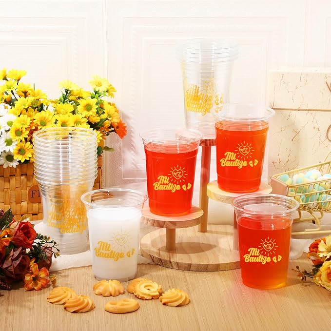 100 Pcs Spanish Baptism Plastic Cups 16 oz Gold Dove Mi Bautizo Cups for Spanish Baptism Decorations, Easter First Communion & Hispanic Baby Shower Party Supplies
