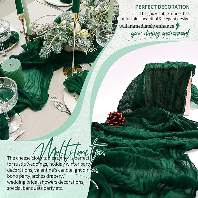 18 Pack Cheesecloth Table Runner 10FT Emerald Green Table Runner Boho Gauze Cheese Cloth Table Runners Long Rustic Sheer Table Decorations for Wedding Party Baby Bridal Shower Birthday Holiday Home