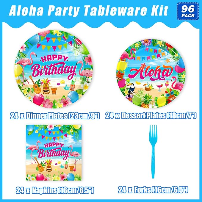 Kepeel 96 Pcs Hawaiian Aloha Party Decorations Supplies, Luau Tropical Birthday Party Plates Summer Beach Holiday Party Paper Plates Napkins Tableware Disposable Dinnerware Set , Serves 24