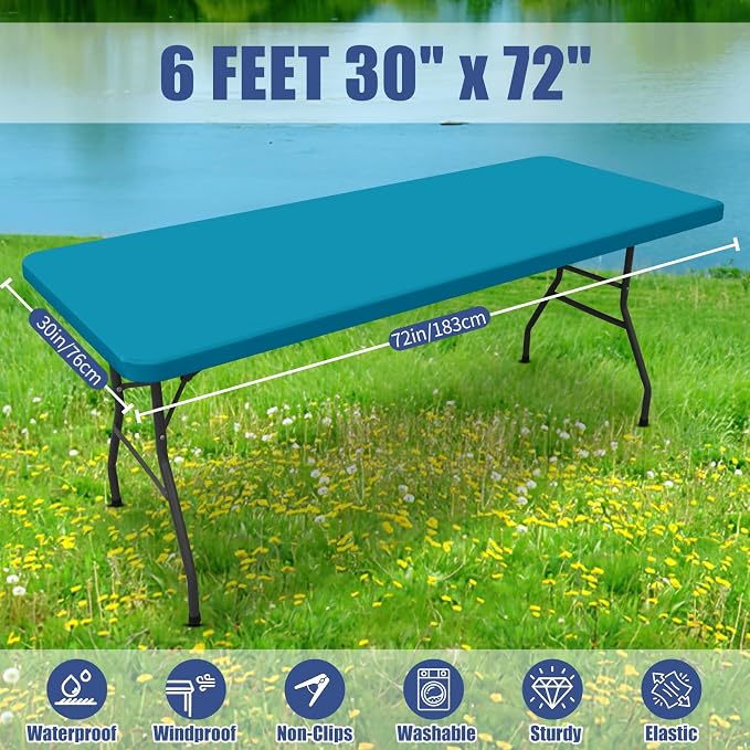 Moosfor Spandex 6 Foot Rectangle Table Cloth 6 Pack, Elastic Fitted Tablecloths for Picnic, Stretch Washable Patio Table Cover for Outdoor, Camping, Banquet and Parties (Teal, 30"x72")