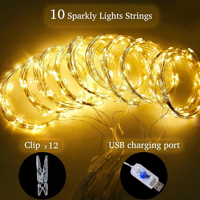 Champagne Sheer Tulle Backdrop Curtains with Lights String for Party Wedding Wrinkle Free Curtain Backdrops Drapes for Baby Shower Birthday Party Photo Back Drop Background Home Decorations 10ft x 8ft