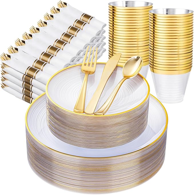 Morejoy 350PCS Clear Gold Plastic Plates - Disposable Gold Party Plates & Pre Rolled Napkins with Cutlery for 50 Guests, 100Plates, 150Silverware, 50Cups, 50Napkin for Party & Mother's Day