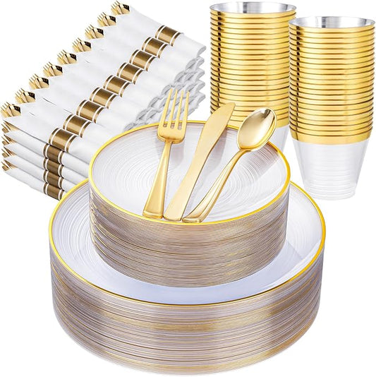 Morejoy 350PCS Clear Gold Plastic Plates - Disposable Gold Party Plates & Pre Rolled Napkins with Cutlery for 50 Guests, 100Plates, 150Silverware, 50Cups, 50Napkin for Party & Mother's Day
