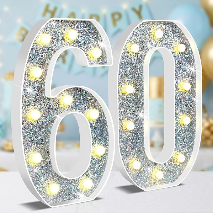 12.6 Inch LED Silver Marquee Light Up Numbers, 60th Birthday Decorations Number Lights as Gifts for Women Men, Glitter Lighted Marquee Numbers for Silver Anniversary Party Table Decor, 60