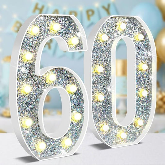 12.6 Inch LED Silver Marquee Light Up Numbers, 60th Birthday Decorations Number Lights as Gifts for Women Men, Glitter Lighted Marquee Numbers for Silver Anniversary Party Table Decor, 60