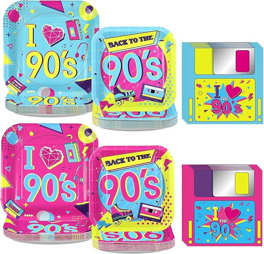 200 Pcs 90s Party Decorations Retro Colorful Hip Hop Plates and Napkins Back to the 90's Tableware Sets for Disco Birthday Retro Music Theme Hip Hop Party Supplies Serves 50
