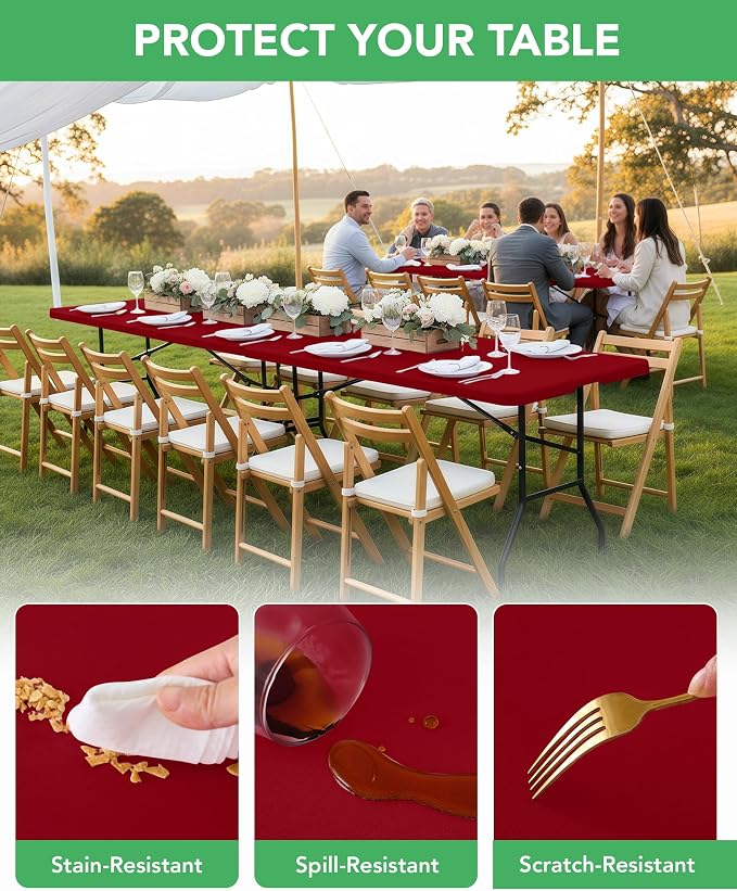 KeyWave Fitted Tablecloth Rectangle Table Cloths - 6 Pack 8 Foot Elastic Stretch Folding Table Top Cover Water-Resistant Reusable for Outdoor Picnic Camping Party Event, Red, 96" L x 30" W