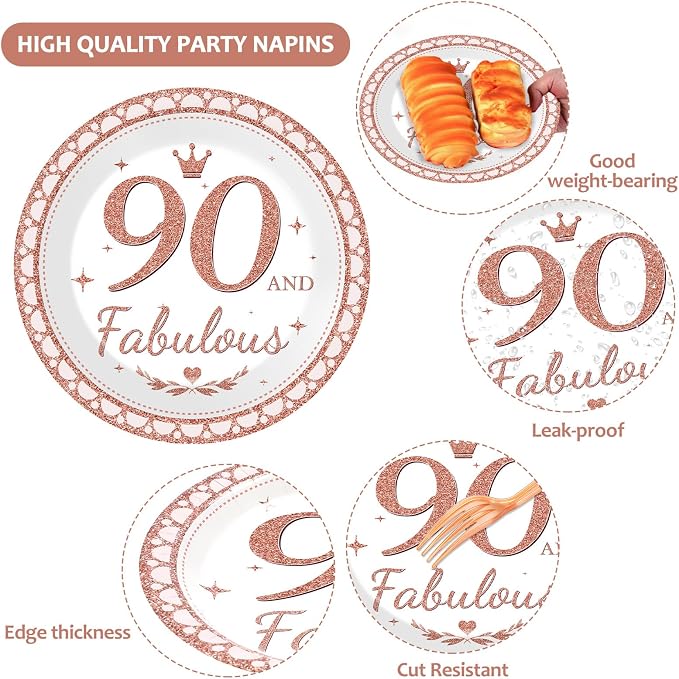 50 Guests 90th Birthday Decorations for Women, Rose Gold 90th Birthday Plates and Napkins Party Supplies 90th Year Fabulous Birthday Disposable Paper Tableware Cheers to 90 Years Dinnerware 200PCS