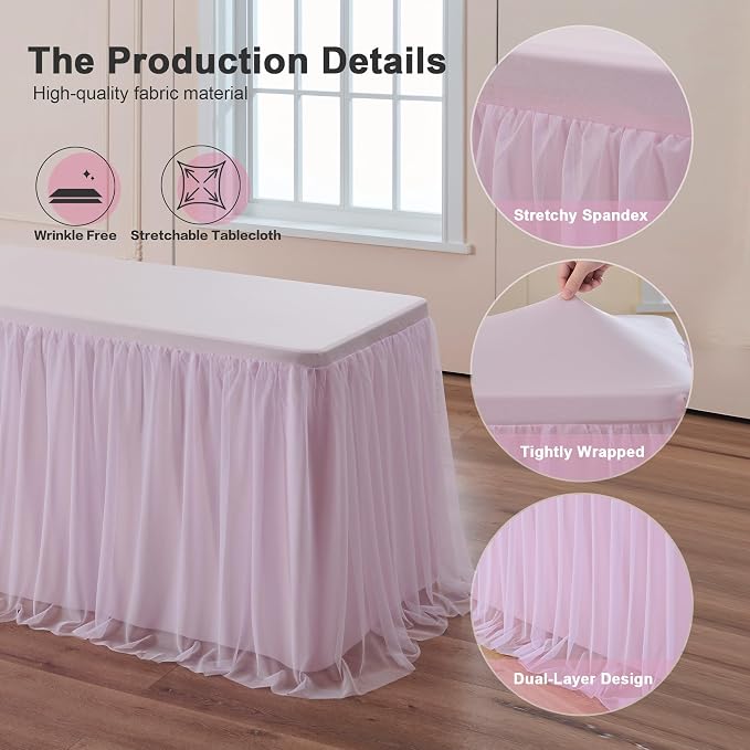 familus 6ft Pink Spandex Fitted Tablecloth with Tulle Table Skirt - 2-in-1 Structured Tutu Table Cover for Weddings, Trade Shows, Banquets & Sweetheart Tables