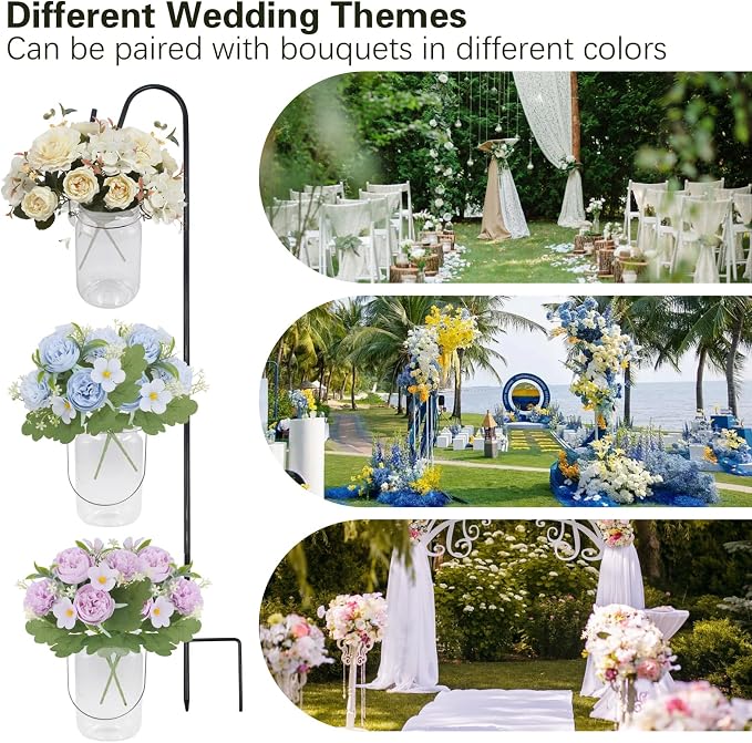8 Sets Wedding Aisle Decoration Including 8 Pcs 15 oz Plastic Mason Jars with Handle and 8 Pcs 32'' High Shepherds Hooks for Outdoor Wedding Ceremony Decoration (Flowers Not Included)