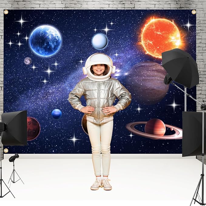 8x6FT Space Backdrop for Galaxy Theme Party – Large Starry Universe Backdrop with Brass Grommets, Double Stitched Edges & Ribbon for Photo Booth, Wall Decor & Kids Birthday Photography
